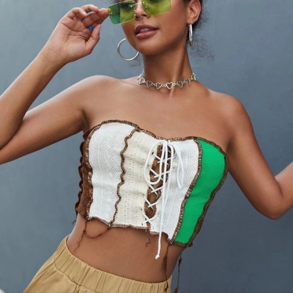SHEIN Tops - Color Block Top-Stitching Lace Up Front Cropped Tube Top